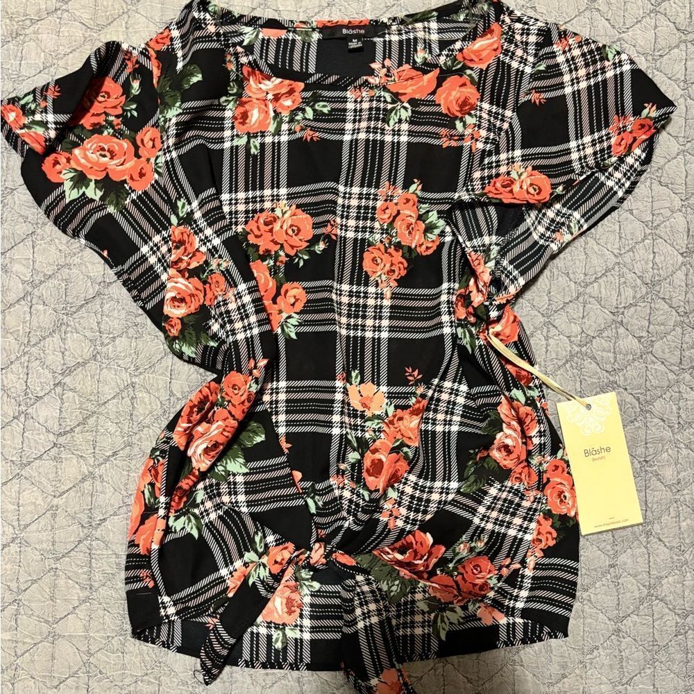 Elegant Black and Red Floral Plaid Blouse